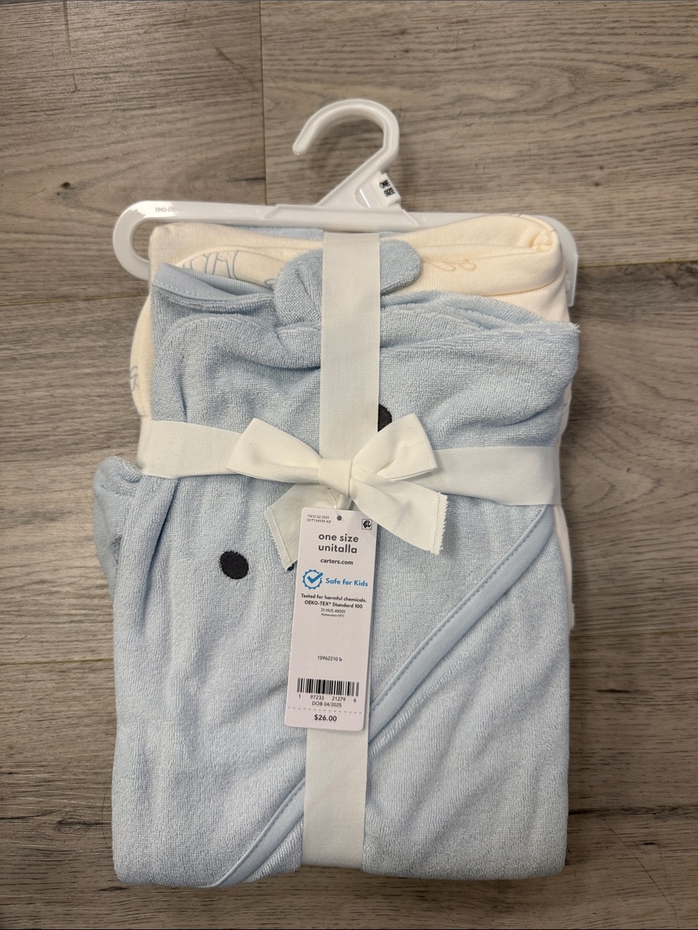 Carter's Light Blue Hooded Baby Towel with Cream Trim.  Two towels